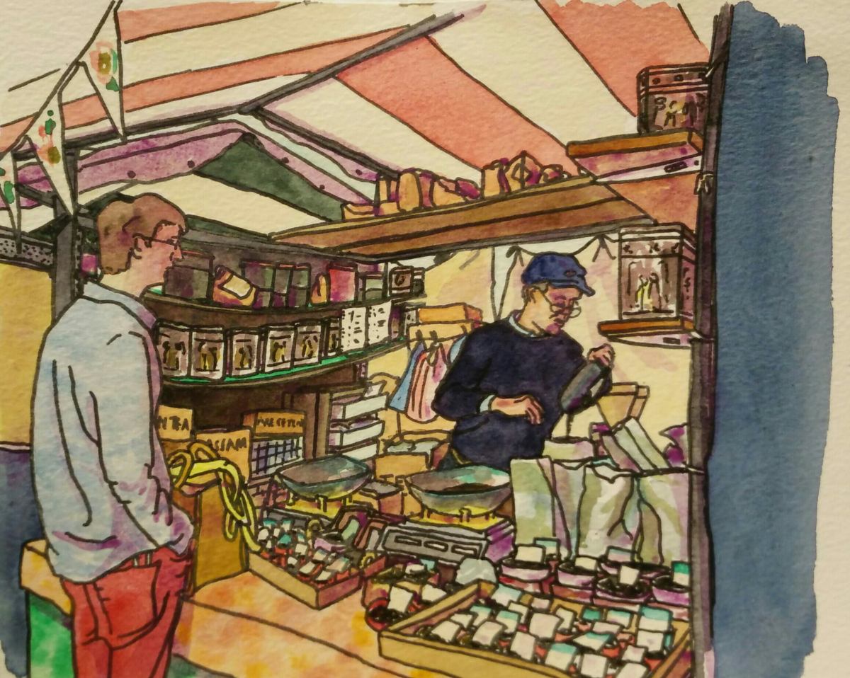 pen and watercolour of market stall selling teas and coffee