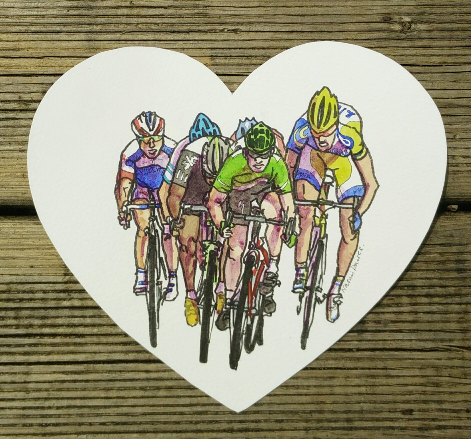 A watercolour of Tour de France sprinters arriving at the Tour de France finish line in a heart shape