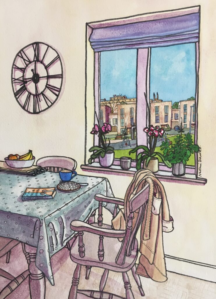 Kitchen view with clock